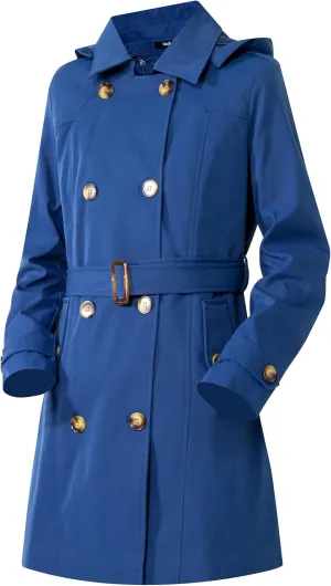 Women's Trench Coat Double Breasted Classic Mid-Length Adjustable Belt Jacket with Detachable Hood and Vest