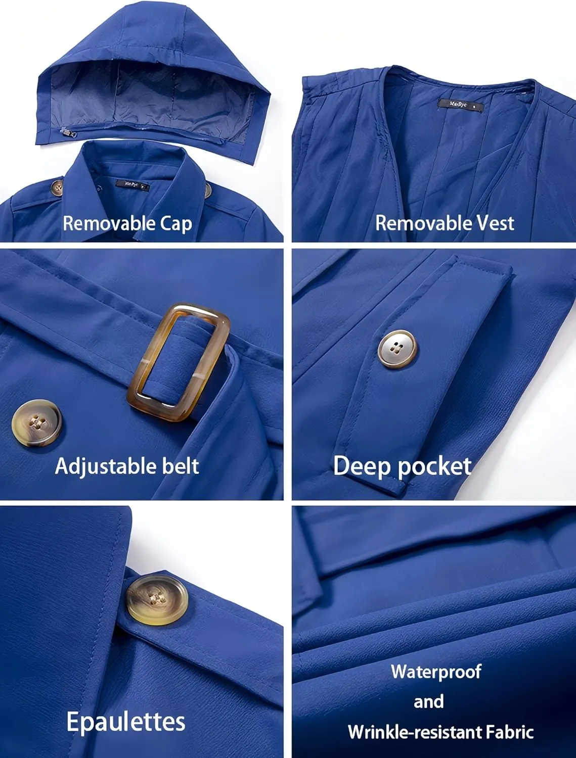 Women's Trench Coat Double Breasted Classic Mid-Length Adjustable Belt Jacket with Detachable Hood and Vest