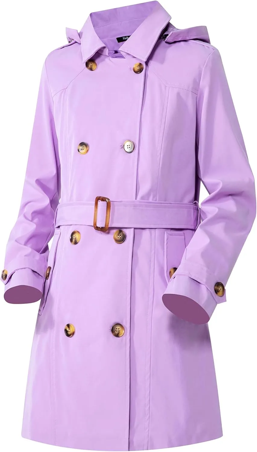 Women's Trench Coat Double Breasted Classic Mid-Length Adjustable Belt Jacket with Detachable Hood and Vest