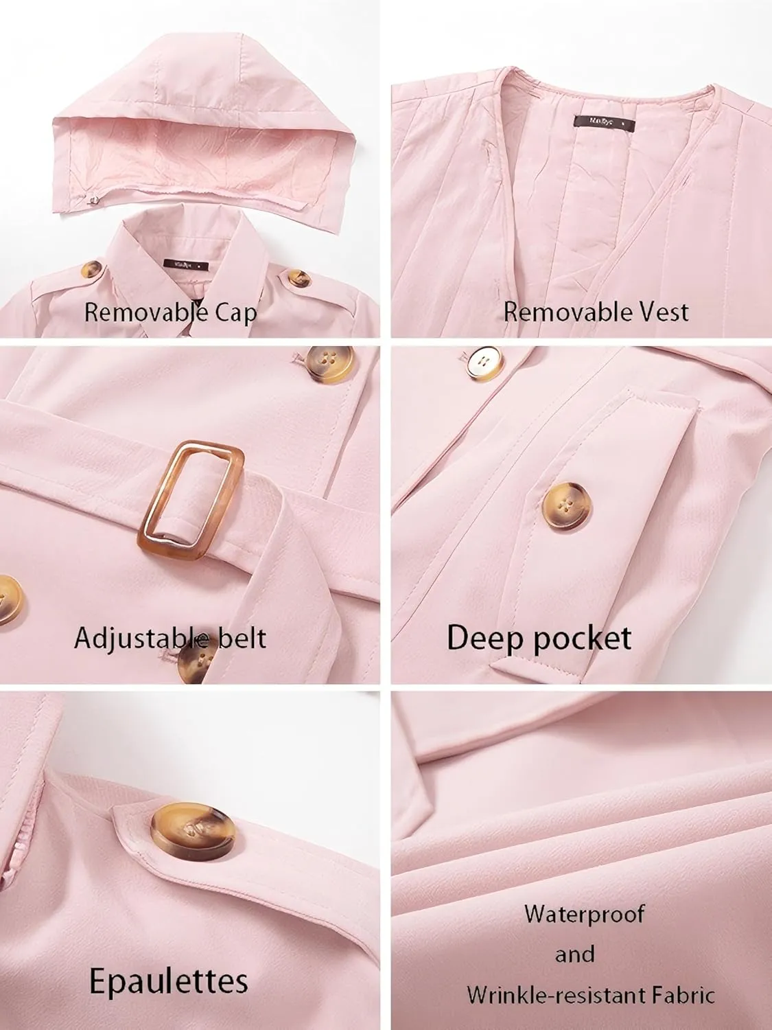Women's Trench Coat Double Breasted Classic Mid-Length Adjustable Belt Jacket with Detachable Hood and Vest