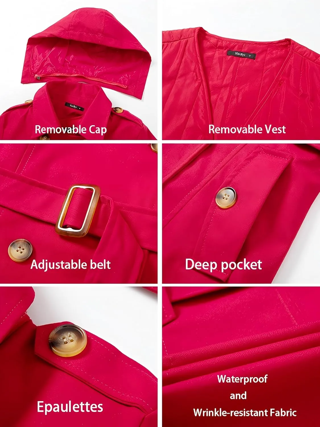 Women's Trench Coat Double Breasted Classic Mid-Length Adjustable Belt Jacket with Detachable Hood and Vest