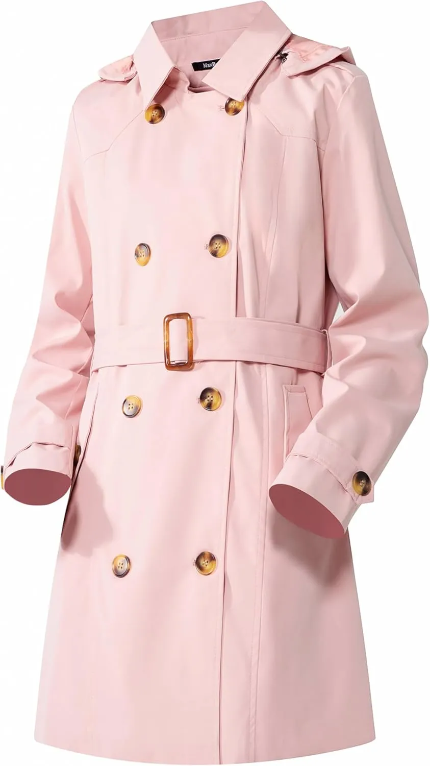 Women's Trench Coat Double Breasted Classic Mid-Length Adjustable Belt Jacket with Detachable Hood and Vest