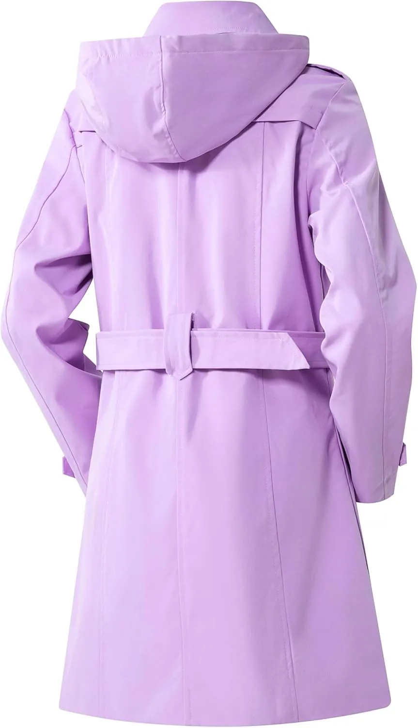 Women's Trench Coat Double Breasted Classic Mid-Length Adjustable Belt Jacket with Detachable Hood and Vest