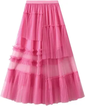 Women's Tulle Midi Skirt Elastic High Waist Vintage Layered A-Line Prom Party Long Skirts