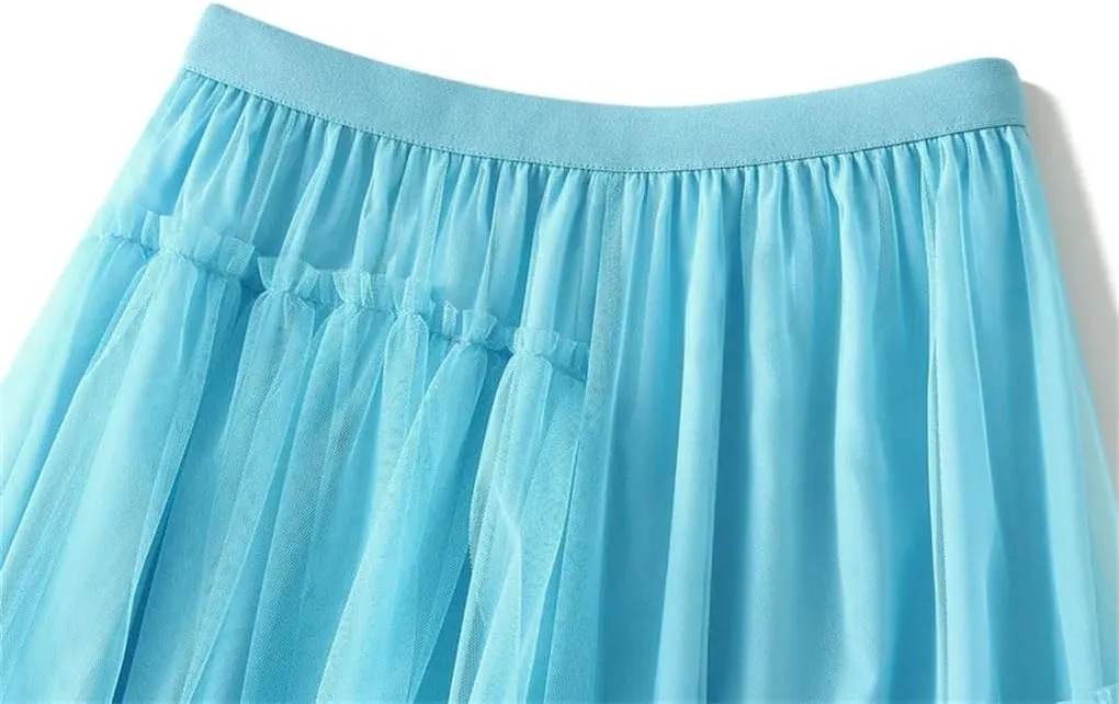 Women's Tulle Midi Skirt Elastic High Waist Vintage Layered A-Line Prom Party Long Skirts