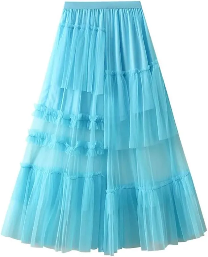 Women's Tulle Midi Skirt Elastic High Waist Vintage Layered A-Line Prom Party Long Skirts