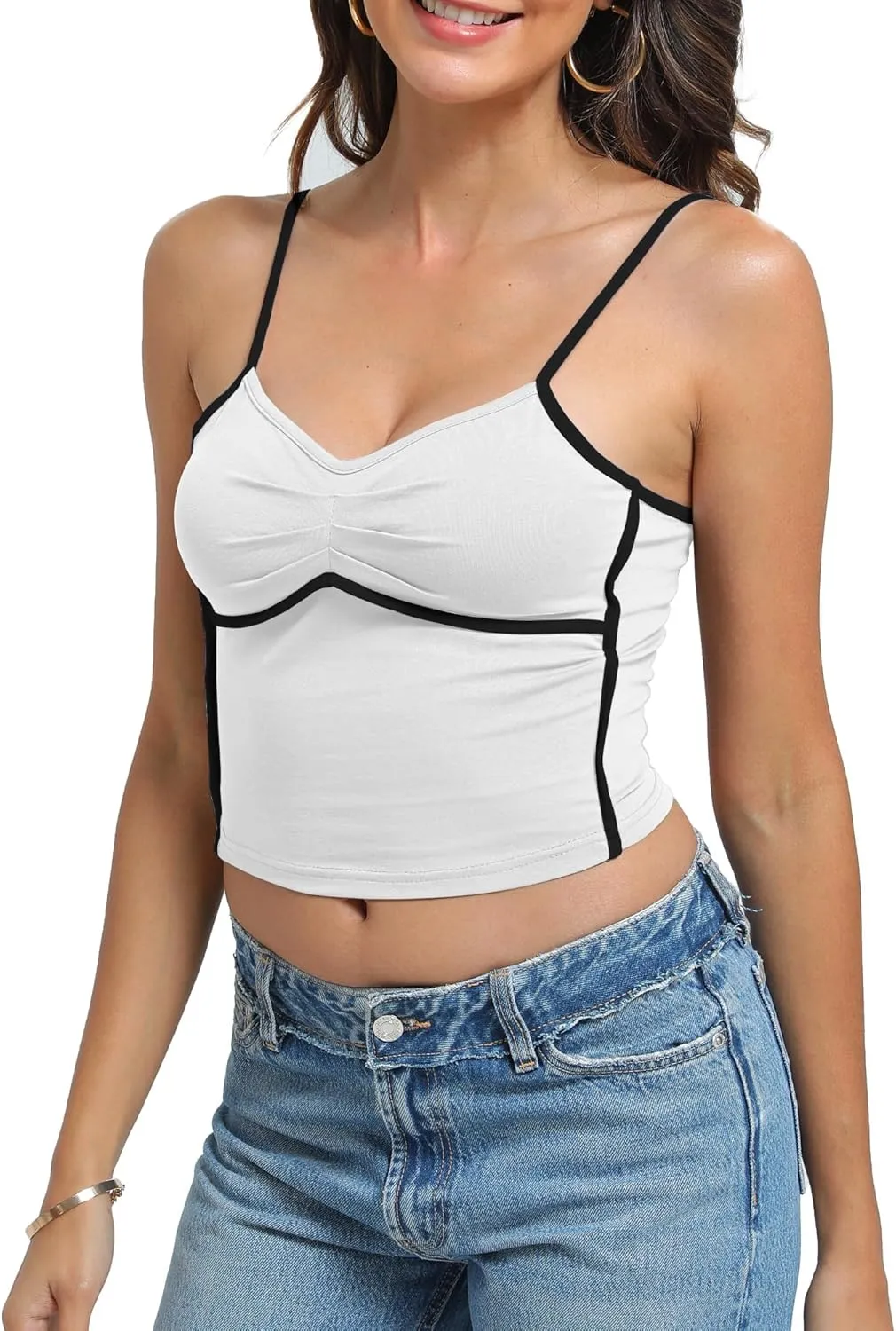 Womens V Neck Camisole Tank Tops with Adjustable Spaghetti Strap Cute 2025 Summer Going Out Crop Tops