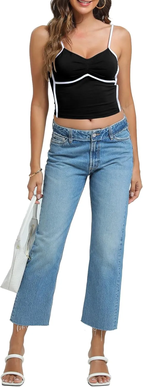 Womens V Neck Camisole Tank Tops with Adjustable Spaghetti Strap Cute 2025 Summer Going Out Crop Tops