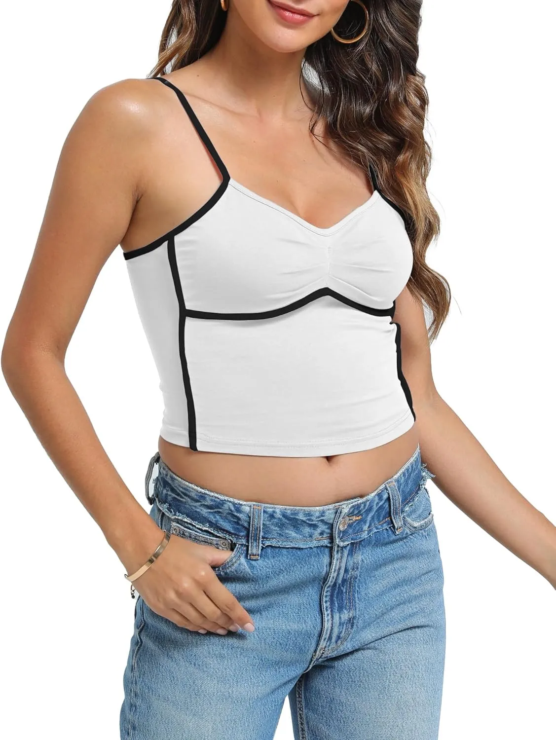 Womens V Neck Camisole Tank Tops with Adjustable Spaghetti Strap Cute 2025 Summer Going Out Crop Tops