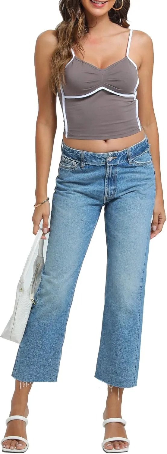 Womens V Neck Camisole Tank Tops with Adjustable Spaghetti Strap Cute 2025 Summer Going Out Crop Tops