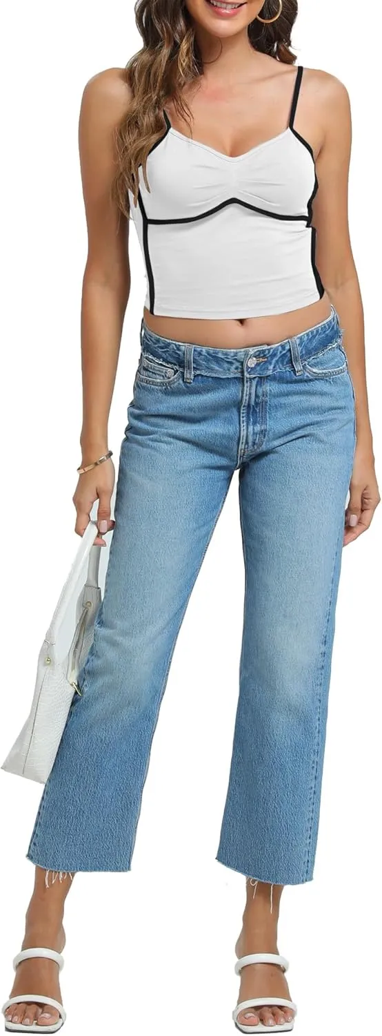 Womens V Neck Camisole Tank Tops with Adjustable Spaghetti Strap Cute 2025 Summer Going Out Crop Tops