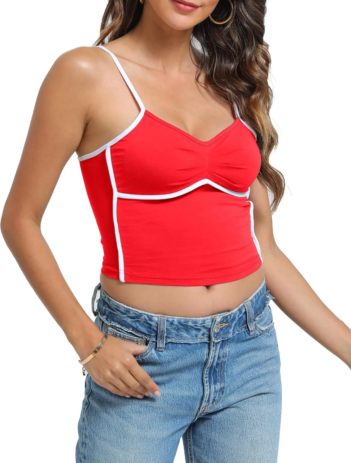 Womens V Neck Camisole Tank Tops with Adjustable Spaghetti Strap Cute 2025 Summer Going Out Crop Tops