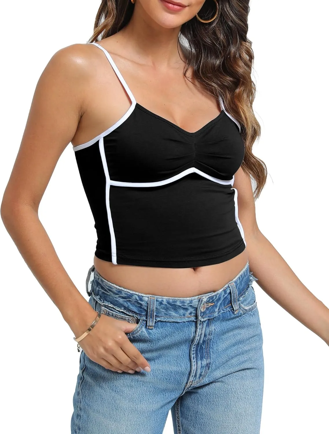 Womens V Neck Camisole Tank Tops with Adjustable Spaghetti Strap Cute 2025 Summer Going Out Crop Tops