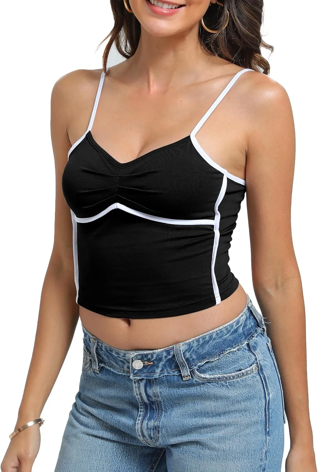 Womens V Neck Camisole Tank Tops with Adjustable Spaghetti Strap Cute 2025 Summer Going Out Crop Tops