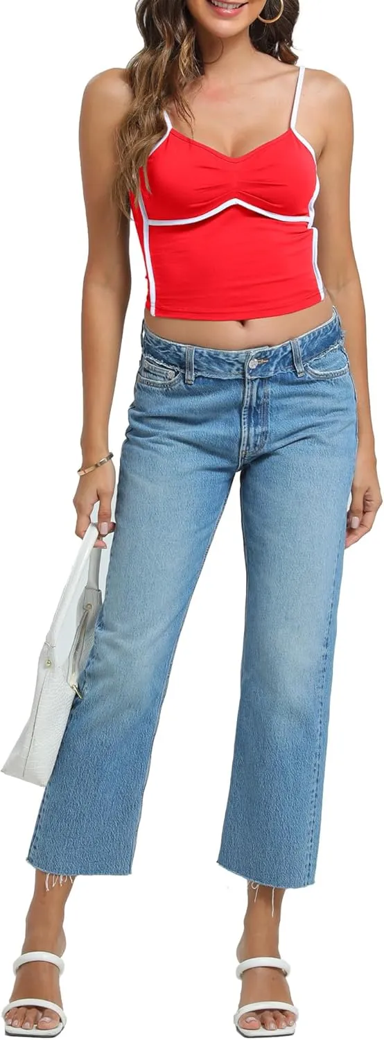 Womens V Neck Camisole Tank Tops with Adjustable Spaghetti Strap Cute 2025 Summer Going Out Crop Tops
