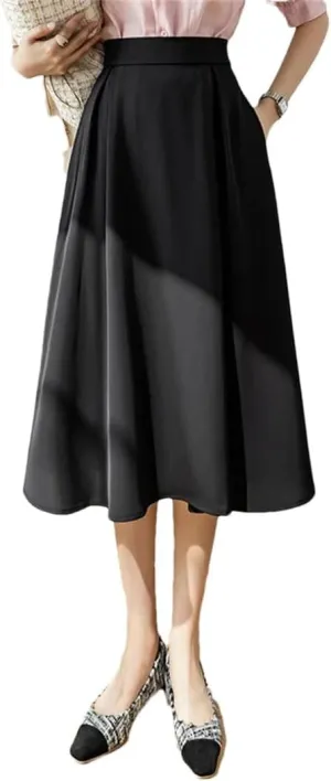 Women's Vintage Midi Length Skirts Elegant High Waist Office Solid Color A-Line Skirts