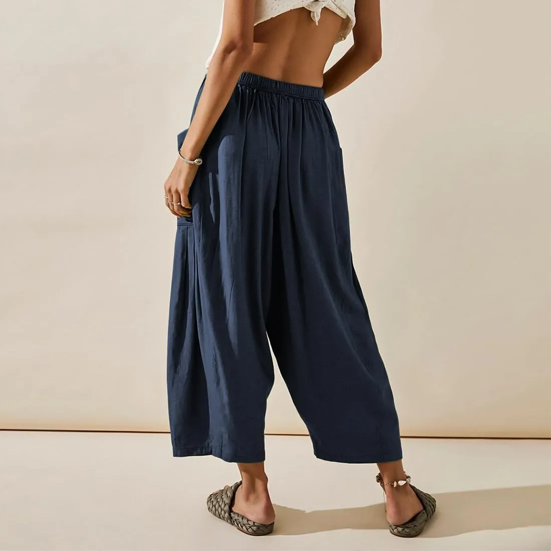 Women's Wide Leg Baggy Casual Lantern Pants Summer Beach High Waisted Capris Yoga Palazzo Elastic Waist Trousers