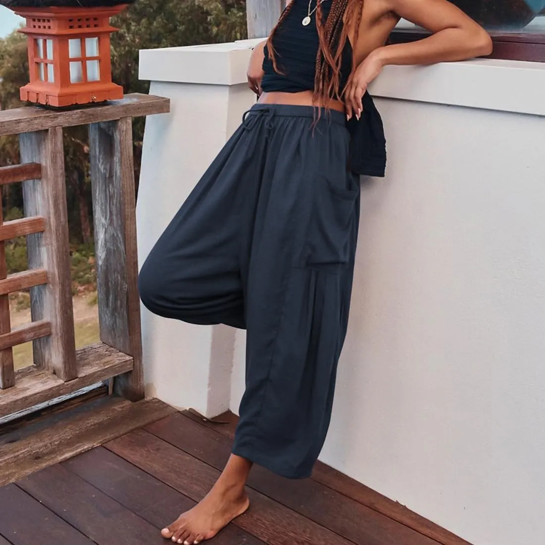 Women's Wide Leg Baggy Casual Lantern Pants Summer Beach High Waisted Capris Yoga Palazzo Elastic Waist Trousers
