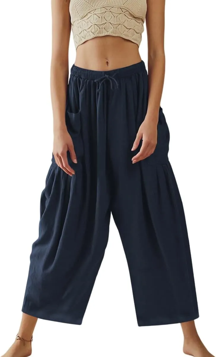 Women's Wide Leg Baggy Casual Lantern Pants Summer Beach High Waisted Capris Yoga Palazzo Elastic Waist Trousers