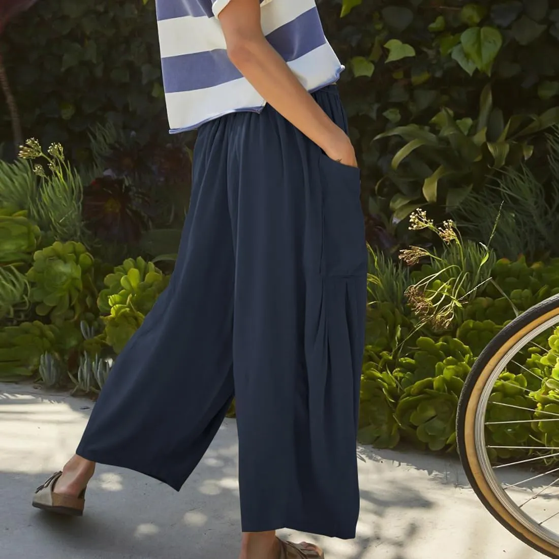 Women's Wide Leg Baggy Casual Lantern Pants Summer Beach High Waisted Capris Yoga Palazzo Elastic Waist Trousers
