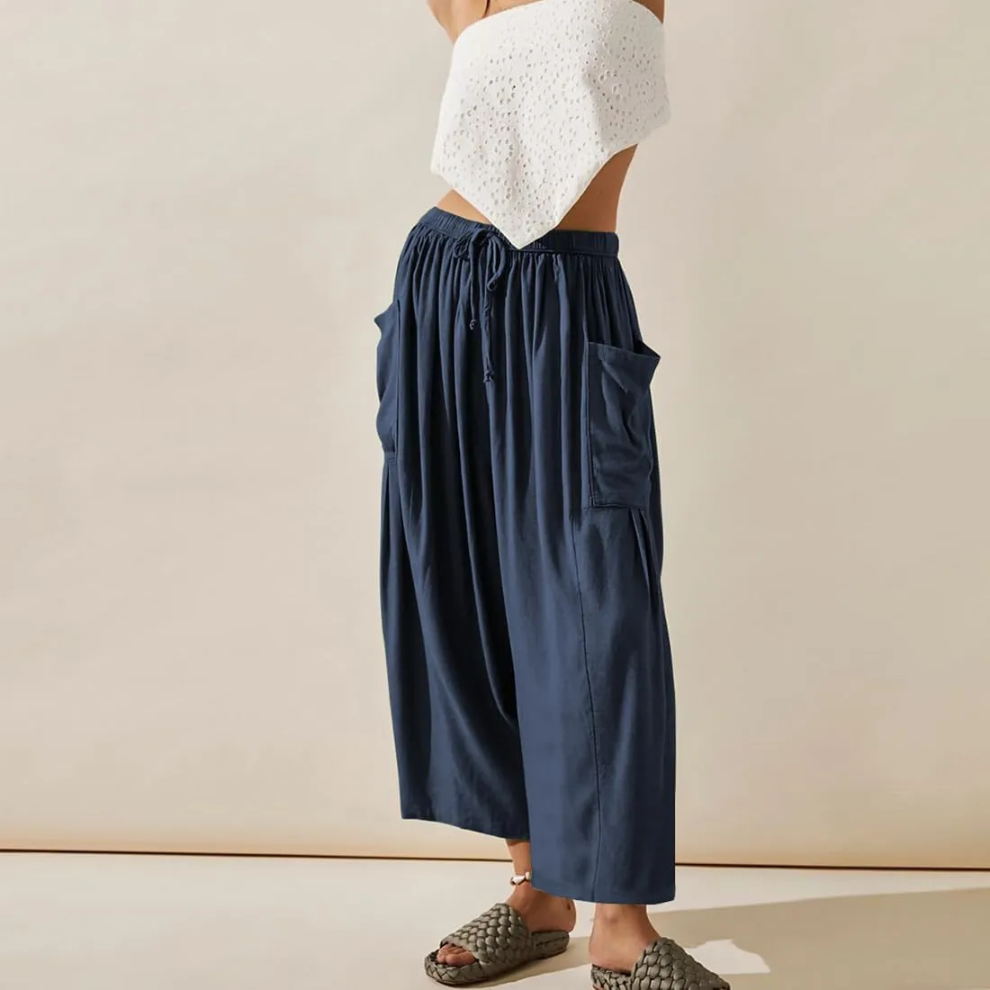 Women's Wide Leg Baggy Casual Lantern Pants Summer Beach High Waisted Capris Yoga Palazzo Elastic Waist Trousers
