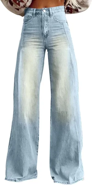 Womens Wide Leg Jeans Baggy High Waisted Stretch 90S Vintage Boyfriend Loose Denim Pant with Pockets