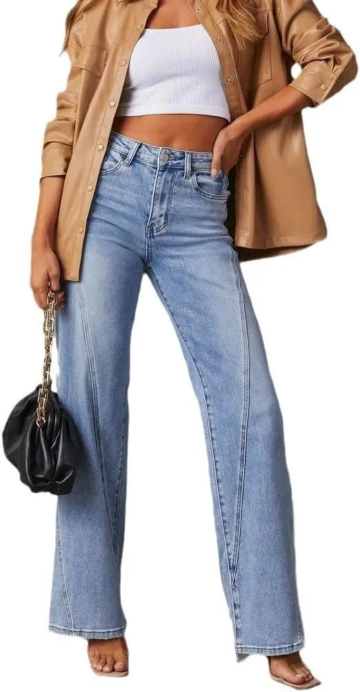 Women's Wide Leg Jeans High Waisted Strechy Baggy Loose Boyfriend Denim Pants