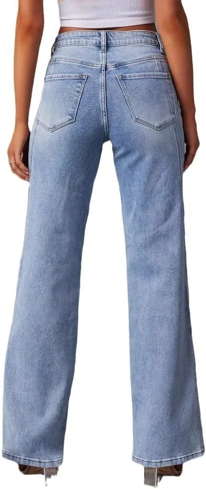 Women's Wide Leg Jeans High Waisted Strechy Baggy Loose Boyfriend Denim Pants