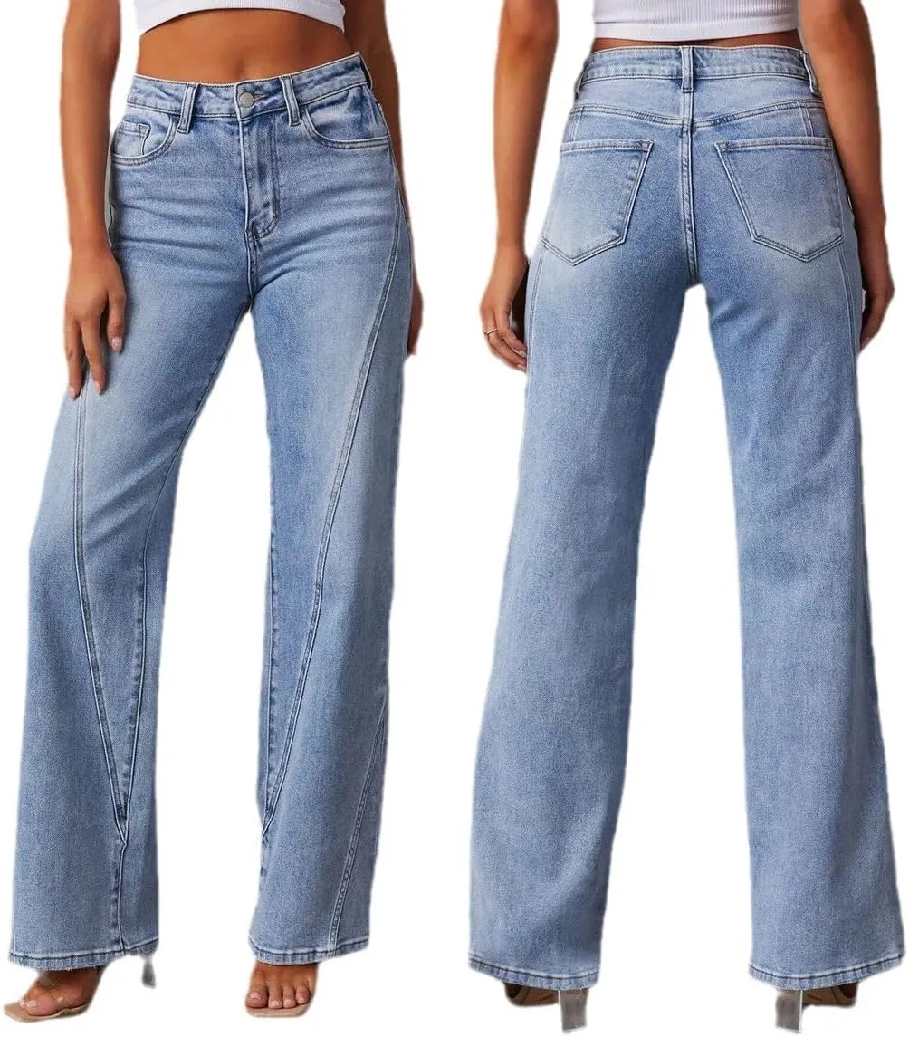 Women's Wide Leg Jeans High Waisted Strechy Baggy Loose Boyfriend Denim Pants
