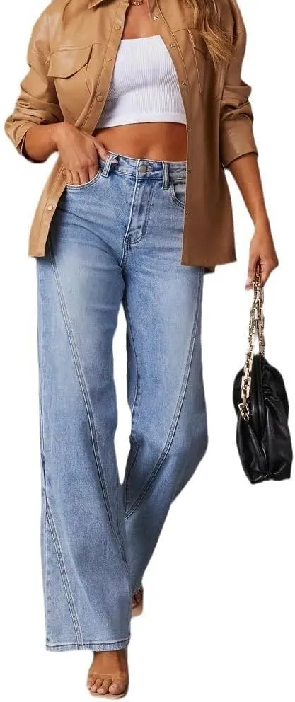 Women's Wide Leg Jeans High Waisted Strechy Baggy Loose Boyfriend Denim Pants