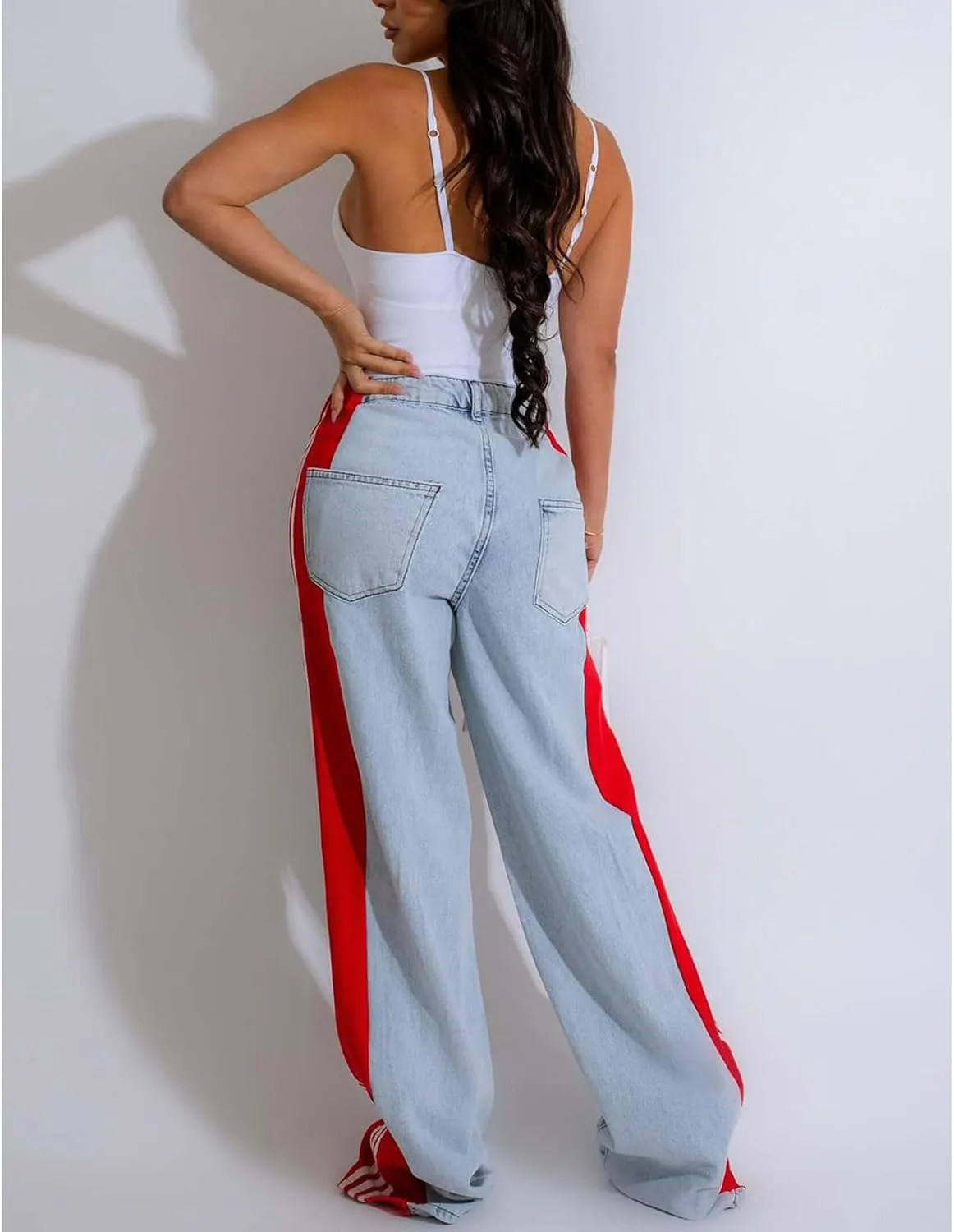 Women's Wide Leg Jeans High Waisted Stretch Patchwork Color Block Stripes Loose Straight Baggy Denim Pants