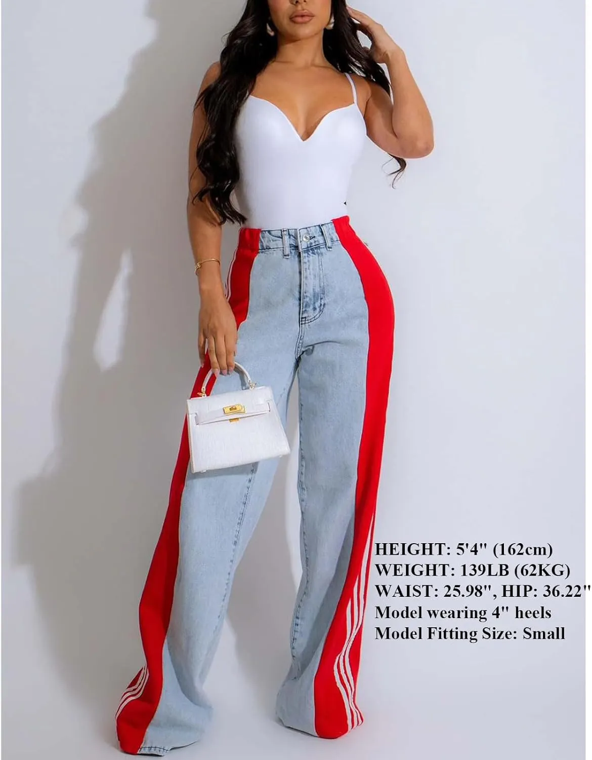 Women's Wide Leg Jeans High Waisted Stretch Patchwork Color Block Stripes Loose Straight Baggy Denim Pants