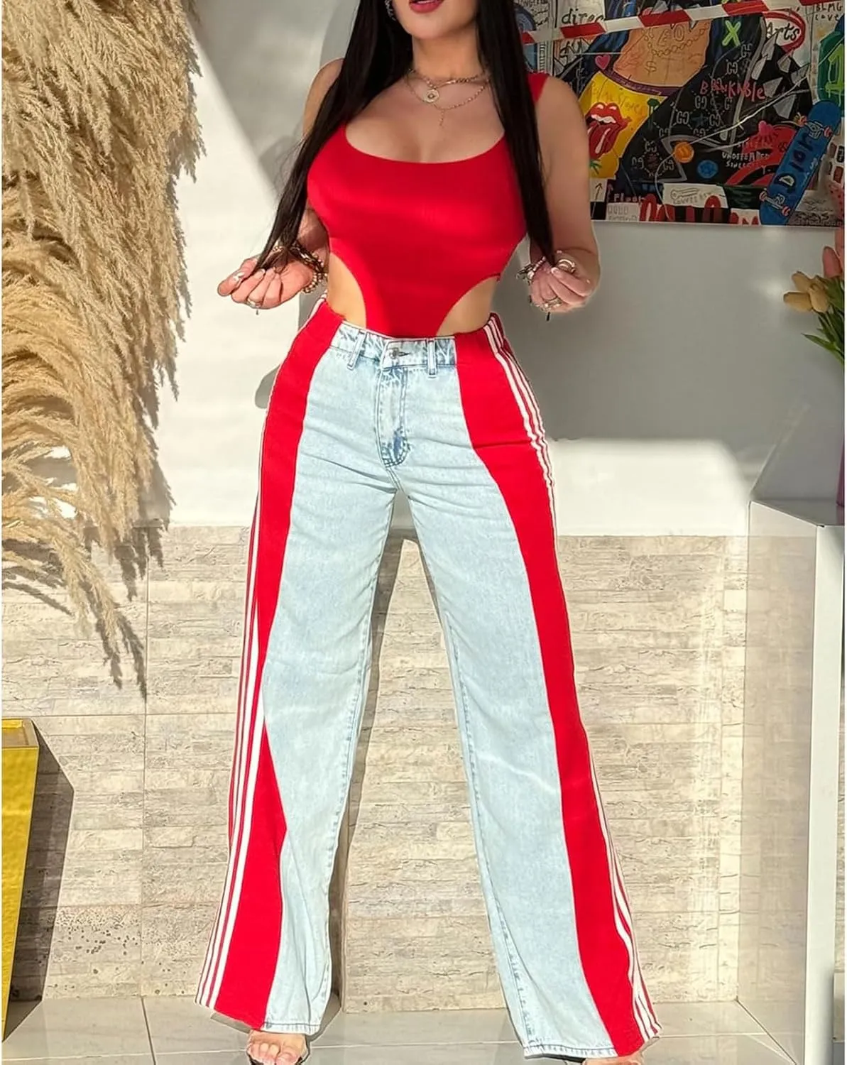 Women's Wide Leg Jeans High Waisted Stretch Patchwork Color Block Stripes Loose Straight Baggy Denim Pants