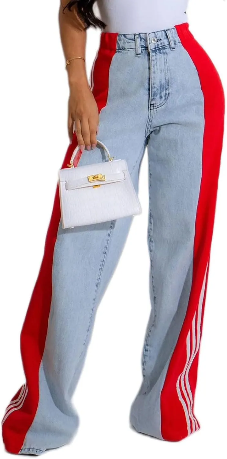 Women's Wide Leg Jeans High Waisted Stretch Patchwork Color Block Stripes Loose Straight Baggy Denim Pants
