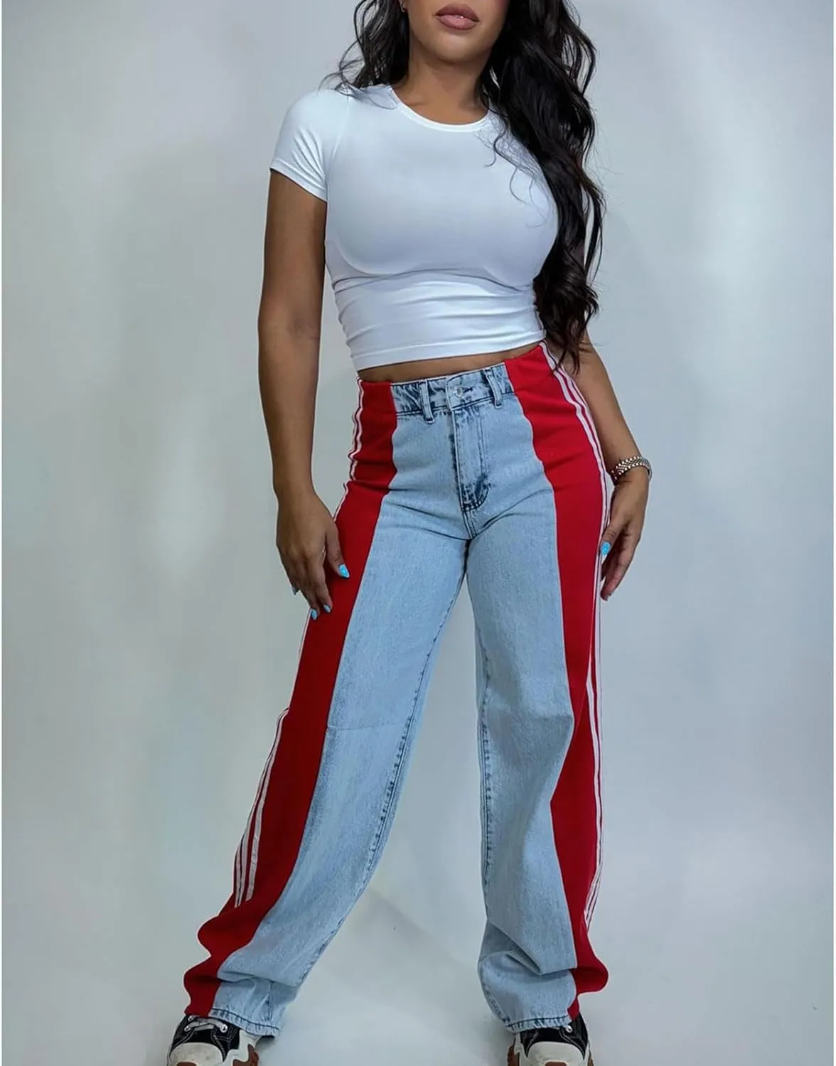 Women's Wide Leg Jeans High Waisted Stretch Patchwork Color Block Stripes Loose Straight Baggy Denim Pants