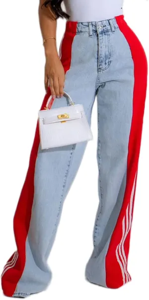 Women's Wide Leg Jeans High Waisted Stretch Patchwork Color Block Stripes Loose Straight Baggy Denim Pants