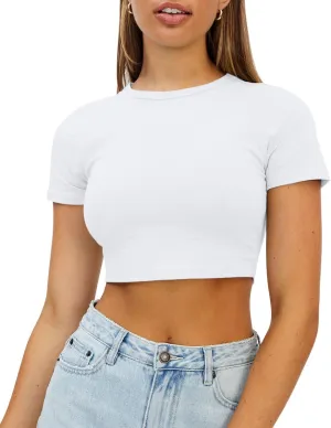 WYNNQUE Womens Crop Tops Cute Summer Scoop Neck Basic Tees Slim Fit Trendy Short Sleeve T Shirts for Teen Girls 2025