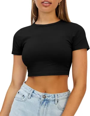 WYNNQUE Womens Crop Tops Cute Summer Scoop Neck Basic Tees Slim Fit Trendy Short Sleeve T Shirts for Teen Girls 2025
