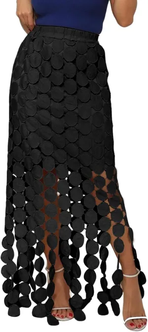 Yimoon Womens Hollow Out Maxi Skirt Elastic Waist Fringe Hem Long Skirt Tassel Trim Cocktail Party Midi Skirt
