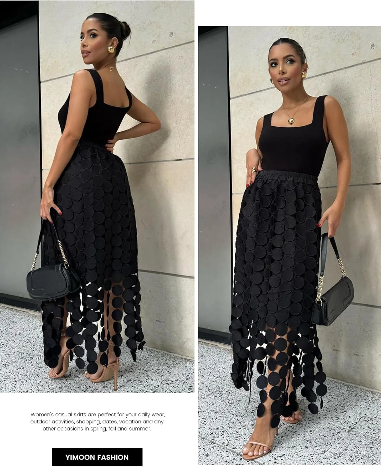 Yimoon Womens Hollow Out Maxi Skirt Elastic Waist Fringe Hem Long Skirt Tassel Trim Cocktail Party Midi Skirt