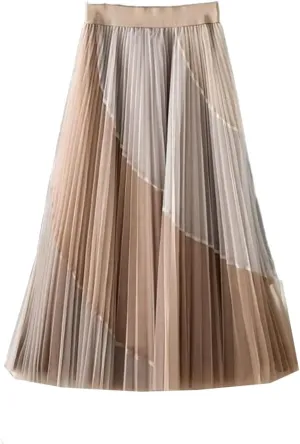 YTR6TW Women's Patchwork Pleated Midi Skirts Spring Summer Fashion Streetwear Casual Elastic High Waist Skirt