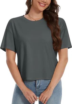 YUCOLEN Women's Crop Tops Summer Short Sleeve Cotton UPF 50  Round Neck Casual Loose Cropped T-Shirts Solid Basic Tees