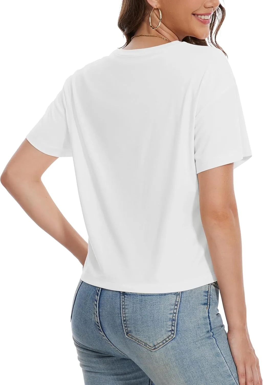 YUCOLEN Women's Crop Tops Summer Short Sleeve Cotton UPF 50  Round Neck Casual Loose Cropped T-Shirts Solid Basic Tees