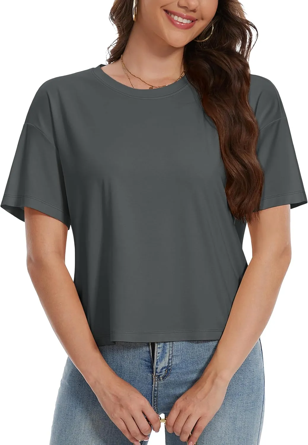 YUCOLEN Women's Crop Tops Summer Short Sleeve Cotton UPF 50  Round Neck Casual Loose Cropped T-Shirts Solid Basic Tees