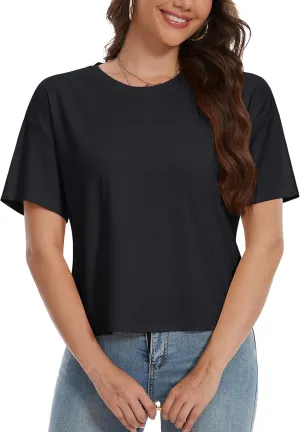 YUCOLEN Women's Crop Tops Summer Short Sleeve Cotton UPF 50  Round Neck Casual Loose Cropped T-Shirts Solid Basic Tees