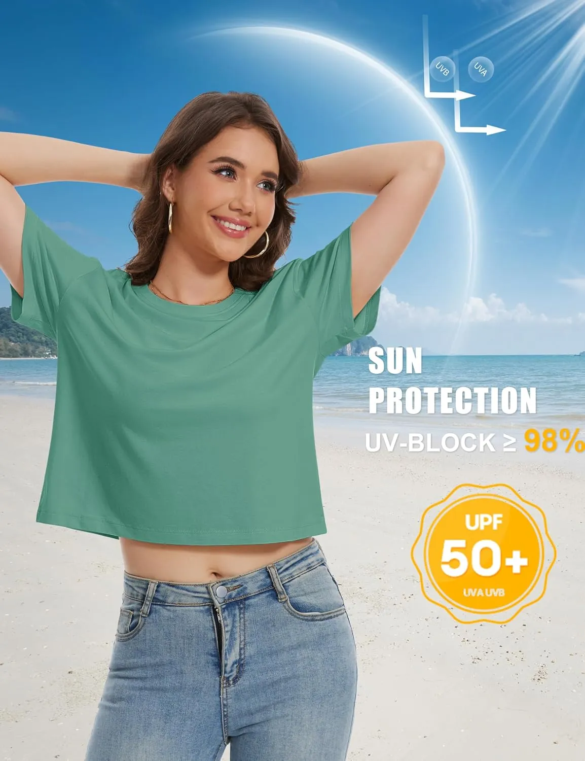 YUCOLEN Women's Crop Tops Summer Short Sleeve Cotton UPF 50  Round Neck Casual Loose Cropped T-Shirts Solid Basic Tees