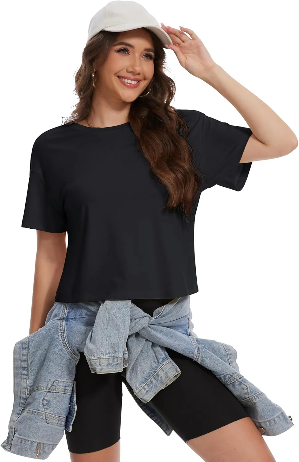 YUCOLEN Women's Crop Tops Summer Short Sleeve Cotton UPF 50  Round Neck Casual Loose Cropped T-Shirts Solid Basic Tees