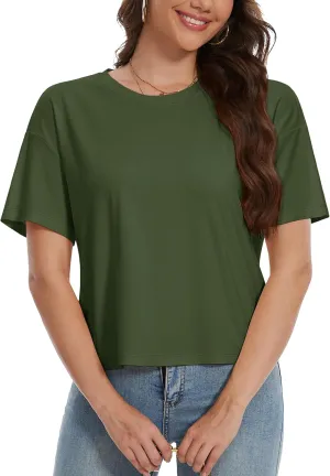 YUCOLEN Women's Crop Tops Summer Short Sleeve Cotton UPF 50  Round Neck Casual Loose Cropped T-Shirts Solid Basic Tees