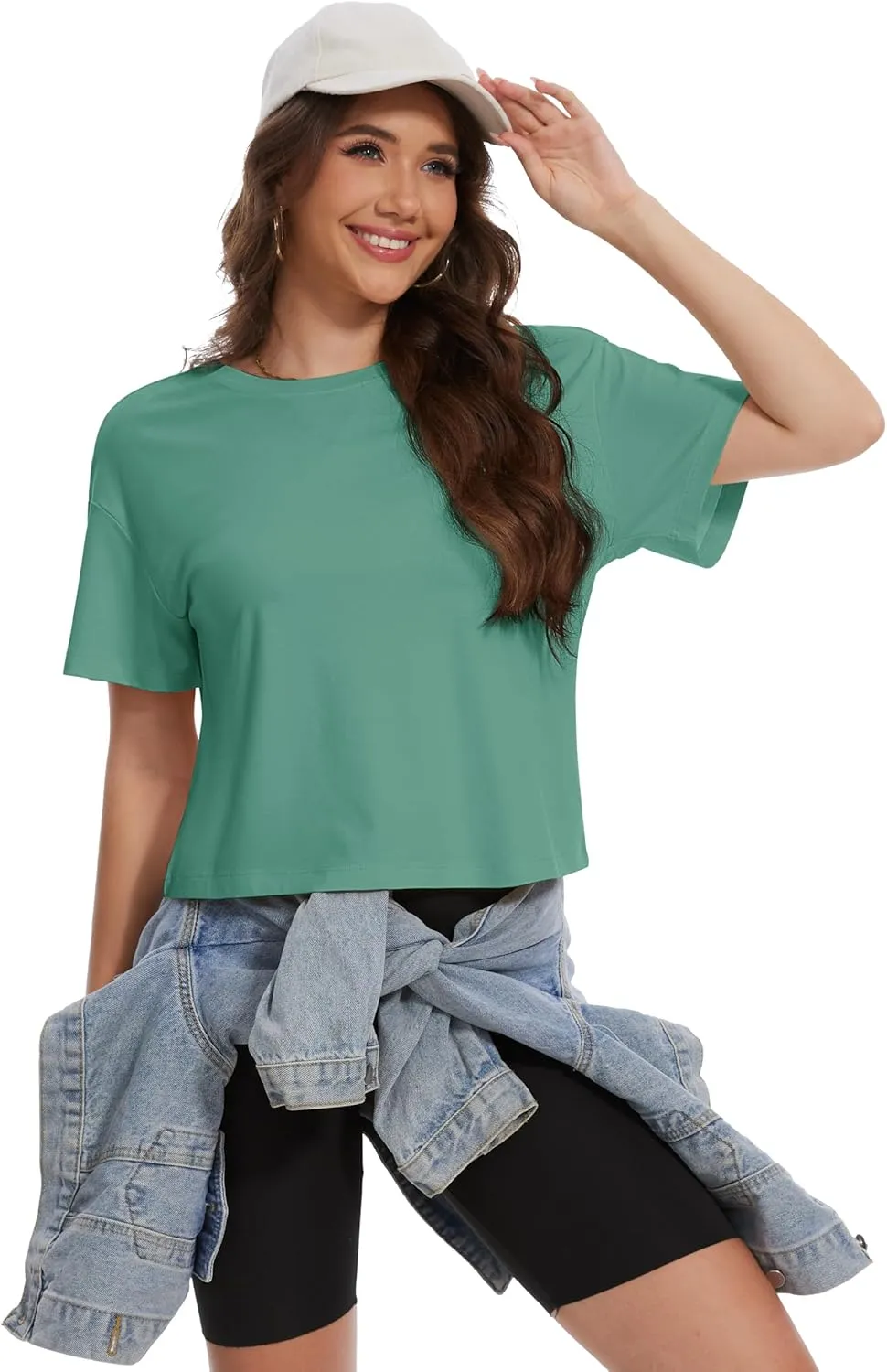 YUCOLEN Women's Crop Tops Summer Short Sleeve Cotton UPF 50  Round Neck Casual Loose Cropped T-Shirts Solid Basic Tees