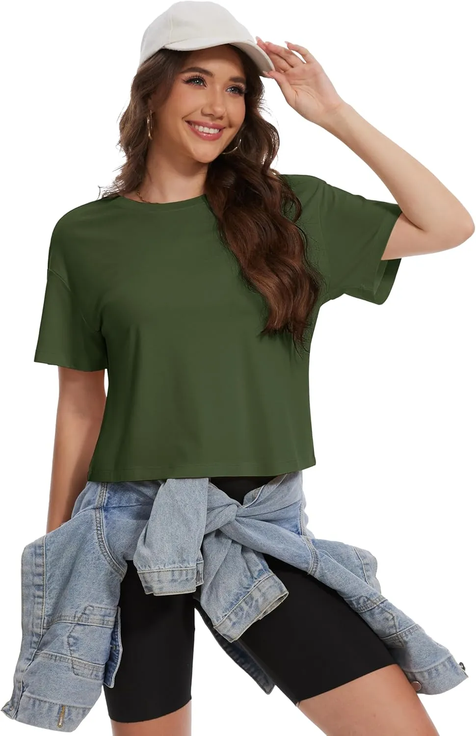 YUCOLEN Women's Crop Tops Summer Short Sleeve Cotton UPF 50  Round Neck Casual Loose Cropped T-Shirts Solid Basic Tees